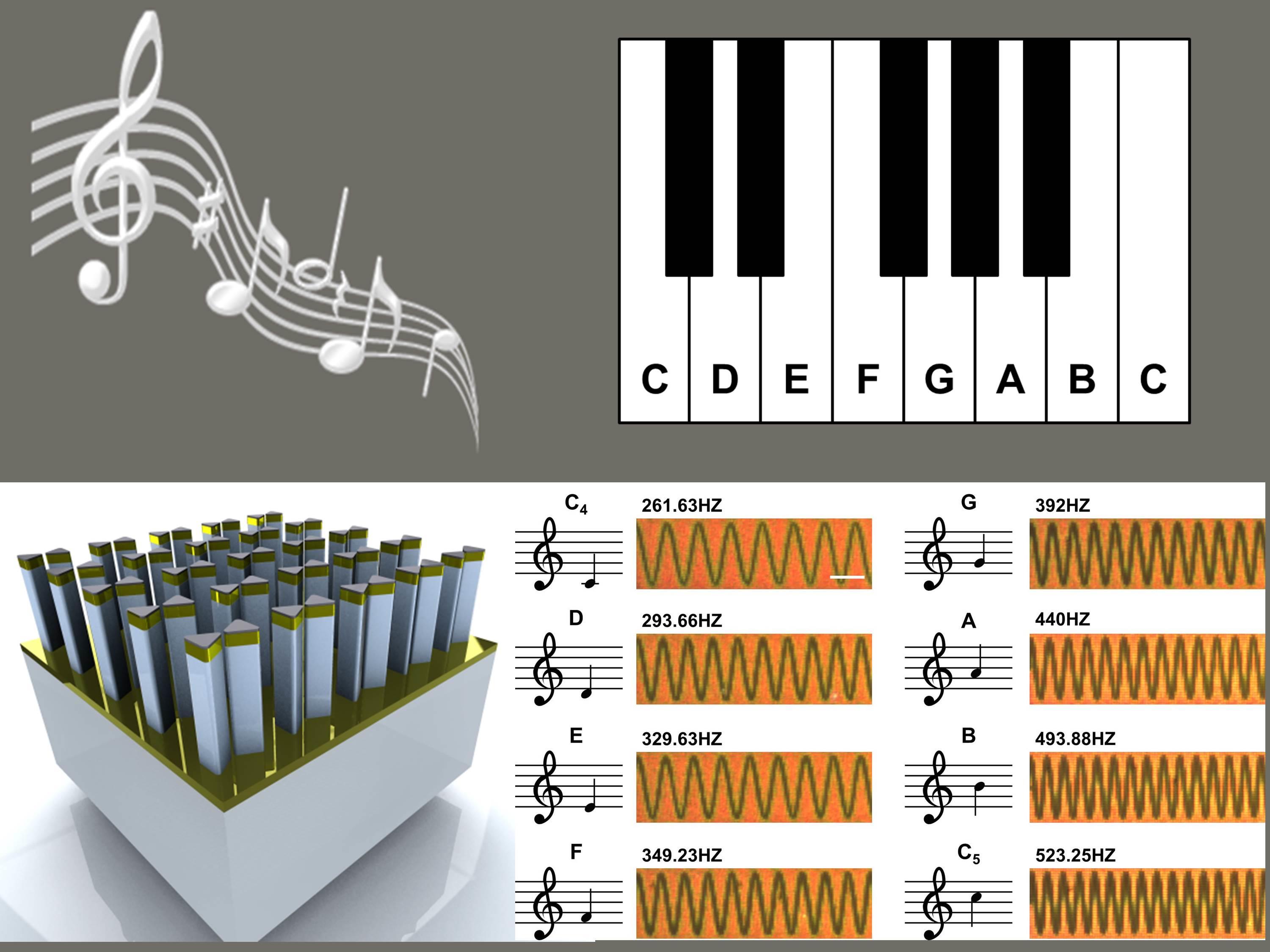 Nano piano concept: Arrays of gold, pillar-supported bowtie
        nanoantennas (bottom left) can be used to record distinct
        musical notes, as shown in the experimentally obtained
        dark-field microscopy images (bottom right). These particular
        notes were used to compose 'Twinkle, Twinkle, Little Star.'