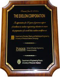 Participating universities including the University of Illinois at Urbana-Champaign presented Exelon representatives this plaque at the Summer 2012 American Nuclear Society meeting in recognition of Exelon’s 20 years or support for nuclear engineering education.