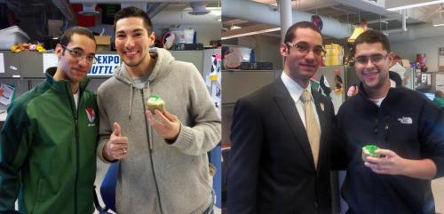 Nicholas Rivera brings Knight of St. Patrick cupcakes to Joe Gonzalez and Gilberto Chaidez, both former SHPE presidents and both Knight of St. Patrick alumni