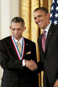 NPRE alumnus George Carruthers with President Barack Obama