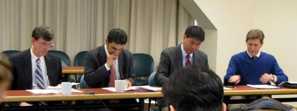 From left, Drs. James A. Brinnk and Georges El Fakhri from the Massachusetts General Hospital Department of Radiology; NPRE Associate Prof. Ling-Jian Meng; and Prof. Stephen A. Boppart, Electrical and Computer Engineering, Bioengineering, and the Beckman Institute for Advanced Science and Technology, review the memorandum of understanding.