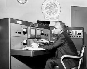 NPRE Prof. Marvin Wyman in the TRIGA control room.