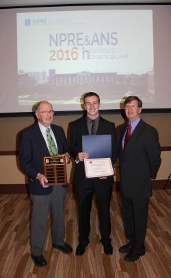 Emeritus Prof. George Miley, Steven Stemmley, and Department Head Jim Stubbins