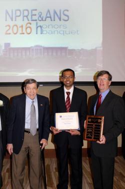 Emeritus Prof. Barclay G. Jones, Jones Fellow Vineet Kumar, and Department Head Jim Stubbins