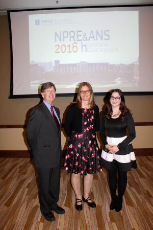 NPRE Department Head Jim Stubbins, Becky Meline, and 2015-16 ANS Student Chapter President Kathryn Mummah