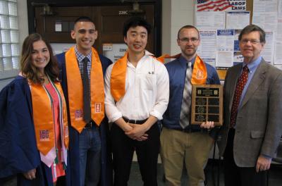 Winners of the 2017 Daniel F. Hang Outstanding Senior Design Award, from left: Katie Mummah, Alex Lopez, Jin Wan Bae, and Dan O'Grady with NPRE Department Head Jim Stubbins