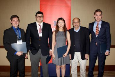 NPRE Outstanding Academic Achievement Award - from left, Jeremy Mettler, Andreas Giakas, Xinyao Liang, NPRE Department Head Rizwan Uddin, Grant Schumock