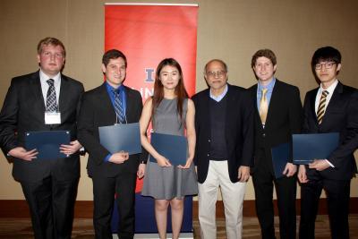 Outstanding Undergraduate Research Award - from left, Zachary Jeckell, Jeremy Mettler, Xinyao Liang, NPRE Department Head Rizwan Uddin, Andrew Shone, Gyutae Park