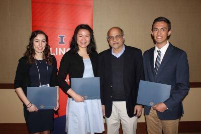 Catherine Pritchard Scholarship - from left, Isabella Iaccino, Kelsey Luo, NPRE Department Head Rizwan Uddin, Jacob Tellez