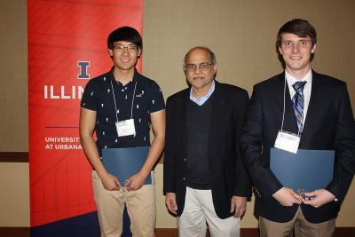Roy Axford Scholarship - from left, Heyuan Huang, NPRE Department Head Rizwan Uddin, William Brockschmidt