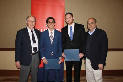 George H. MIley/Low Energy Nuclear Reactions (LENR) Undergraduate Scholarship - from left, Emeritus Prof. George Miley, Dario Panici, Cody Moynihan, NPRE Department Head Rizwan Uddin