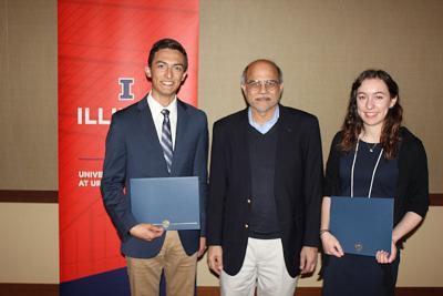 ANS Undergraduate Outstanding Service Award - from left, Jacob Tellez, NPRE Department Head Rizwan Uddin, Isabella Iaccino