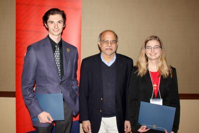 ANS Graduate Outstanding Service Award - from left, Gregory Romanchek, NPRE Department Head Rizwan Uddin, Katherine Hepler