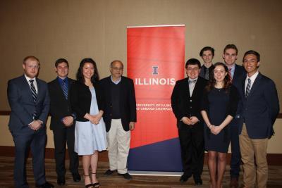 ANS 2017-18 officers. From left, Alec Kleczkowski Jeremy Mettler, Kelsey Luo, NPRE Department Head Rizwan Uddin, Demetrio Velazco, Gregory Romanchek, Isabella Iaccino, Grant Schumock, Jacob Tellez