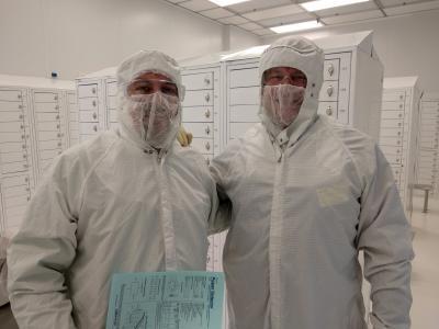 From left are Brian Jurczyk and David Ruzic, dressed for work in the research clean room.
