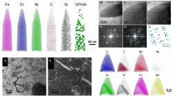 This graph shows electron microscopy and atom probe tomography characterization of the representative radiation-induced dislocation loops (left) and precipitates (right) in an advanced austenitic stainless steel.