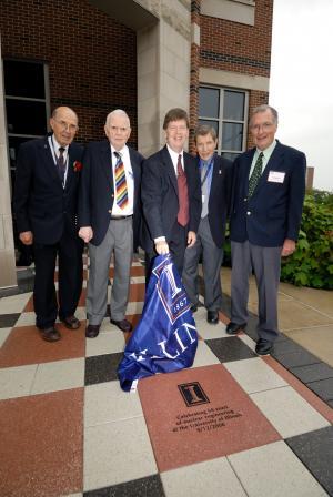 At NPRE's 50th Anniversary celebration, from left, the late Emeritus Prof. Dan Hang, Emeritus Prof. Roy Axford, Prof. Jim Stubbins (then Department Head), Emeritus Prof. Barclay Jones, and Emeritus Prof. George Miley