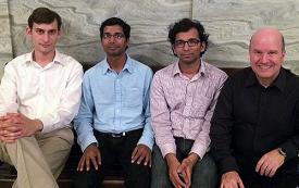 Members of the speed-of-light research team (from left) Brighten Godfrey, Ankit Singla, Balakrishnan Chandrasekaran (PhD student, Duke University), and Bruce Maggs (Pelham Wilder Professor of Computer Science, Duke University). 