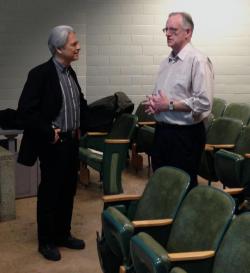 Ethics Awareness Week speaker, Dr. Dale Jamieson, professor of environmental studies and philosophy at New York University, speaks with an attendee after his talk on grass fed environmentalism. 