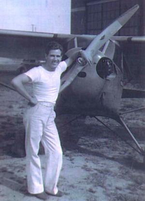 H. Everett Sutter in 1940 with his first airplane, the &quot;T-Craft&quot;, at Mt. Hawley 	Airport in Peoria, IL