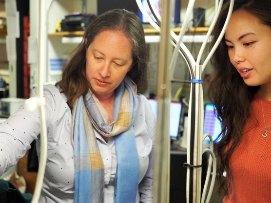 Professor Elizabeth Goldschmidt (left) works with graduate student Danielle Woods in her laboratory. Photo by Jessica Raley, Illinois Physics