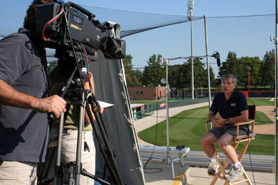 Alan M. Nathan, at the UIUC baseball stadium, being taped for a National Geographic television program on baseball; August 2006.