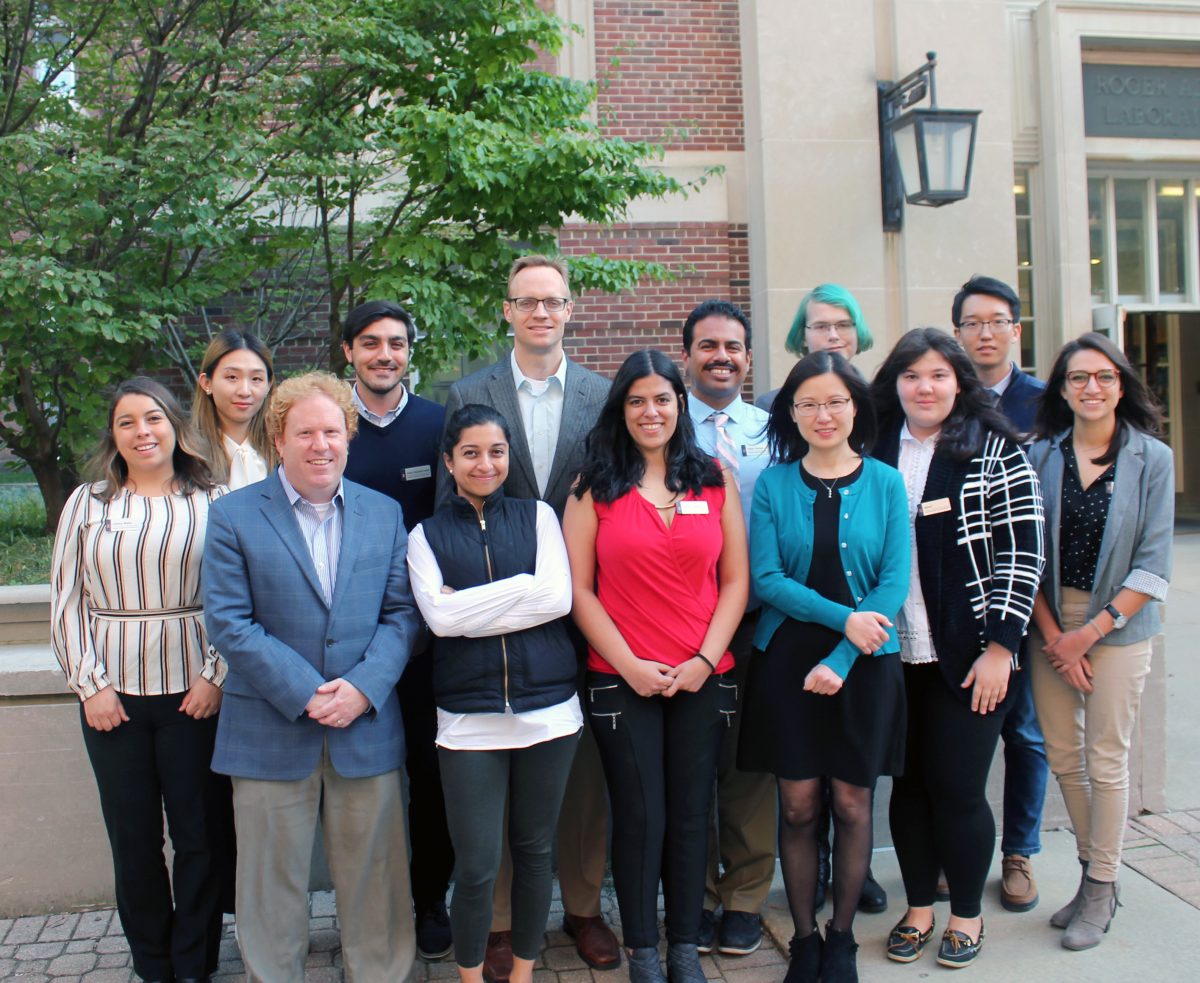 ChBE GSAC with 2019 symposium judges Ryan Stephens (back row, fourth from left), Mark Viera (front row, first from left), Ritika Mohan (front row, second from left), and Wenjuan Zha (front row, third from right).