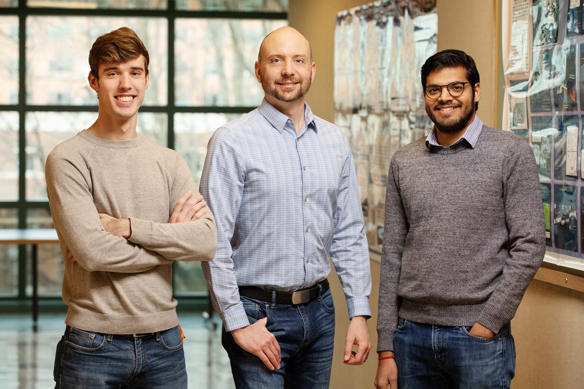 University of Illinois researchers have honed a technique called the Stokes trap, which can handle and test the physical limits of tiny, soft  particles using only fluid flow. From left,  undergraduate student  Channing Richter, professor Charles Schroeder and graduate student  Dinesh Kumar.  Photo by L. Brian Stauffer, U of I News Bureau.