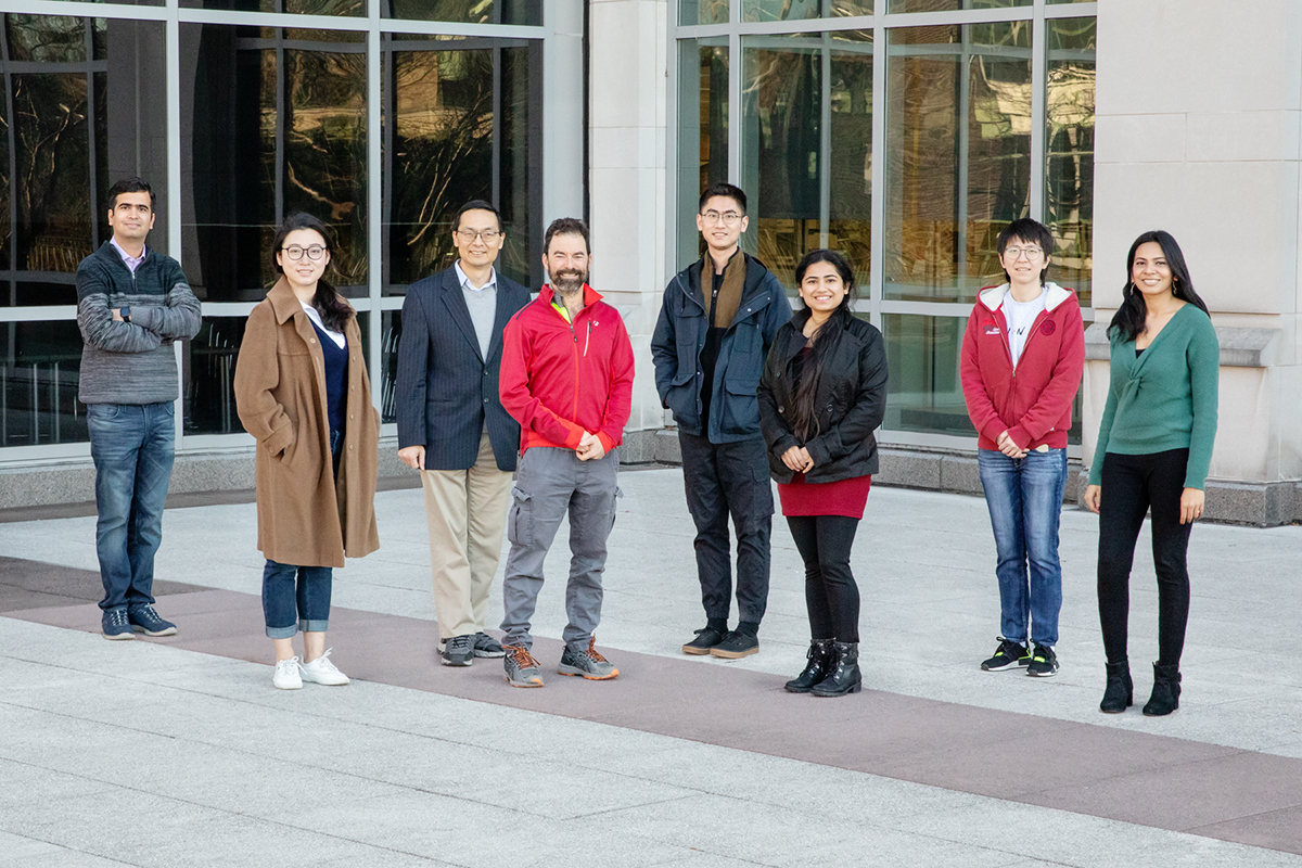 The research team included, from left, postdoctoral researcher Saurabh Shukla, graduate student Che Yang, chemical and biomolecular engineering professor Huimin Zhao, physics professor Paul Selvin, graduate student Meng Zhang, postdoctoral researcher Zia Fatma, graduate student Xiong Xiong, and Surbhi Jain, a former doctoral student at the U. of I. who is now a group lead in cancer biology at Northwestern University. Composite image from separate photos, in compliance with COVID-19 safety protocols. Composite photo by L. Brian Stauffer