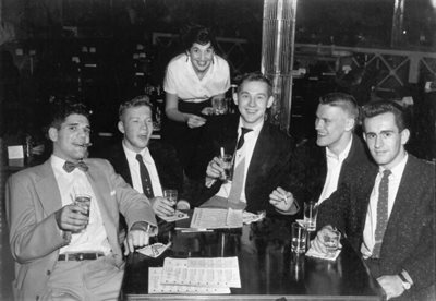 Left to right; Howard Ingber, Herd Curtis, John Zahner, Donald Houser, David Kearns in 1955. They visited the Blue Note in Chicago after plant field trip. Photo courtesy of Ingber.