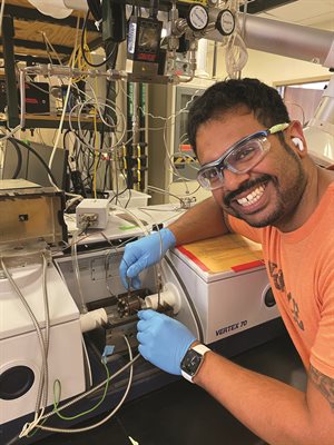 Graduate student Chris Torres manages and operates a Vertex-70 FTIR spectroscope in the Flaherty lab. He couples modern and classic chemical engineering principles to investigate solid-liquid interactions on zeolite materials and inform sustainable catalyst design.