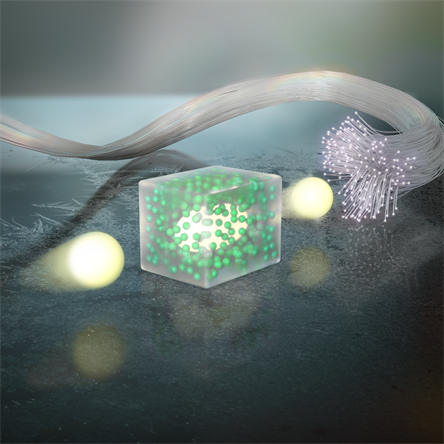 Developing quantum memories is critical for quantum communication. Depicted here is a photon (large bright spheres) passing through a quantum memory: a crystal (cube in center) of rare-earth atoms (small green spheres). Once the photon is inside the crystal, it shares its quantum information with the rare-earth atoms, which store the information until it&rsquo;s needed. After exiting the quantum memory, the photon and the quantum information it carries can be transmitted to another location via fiberoptic cable. Image: Argonne National Laboratory