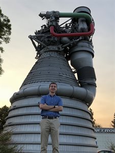 Engel with an F-1 rocket engine at Aerojet Rocketdyne