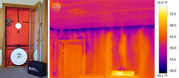 鼓风机的门从内部拉出空气，以使整个房屋中的泄漏发现。红外摄像头可以准确地测量壁温，并可以帮助分析绝缘层和空气泄漏。