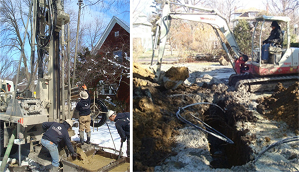 在五井挖了2013年3月在一个下雪的天。地面循环的油管可以看到盘绕一轴。使用一个小型挖掘机挖出一条连接彼此井和房子。地面循环可以看到突出的战壕。