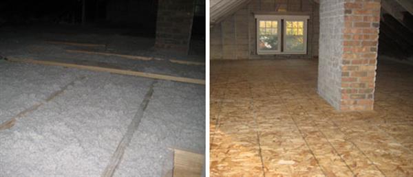 阁楼上添加了一块松散的包装纤维素毯子，然后用木地板覆盖（可选）。