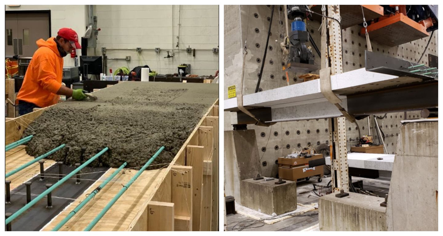 Casting a simulated concrete bridge deck over textured epoxy-coated reinforcing bars, left, to test shrinkage and potential cracking. The set up for the flexural test, right, to apply force to determine the beam&rsquo;s stiffness and deformations. The researchers used digital image correlation technology to take images from the side of and underneath the beam to capture its strain distribution.