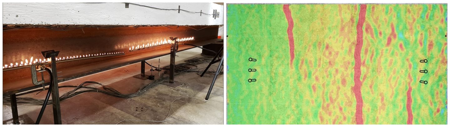 The set up for the temperature simulation test, left, to investigate the effect of a beam&rsquo;s thermal movement on bridge deck cracking behavior. Final strain distribution in the concrete, right, for a simulated bridge deck constructed with textured epoxy-coated reinforcing bars once the thermal heating test was conducted.