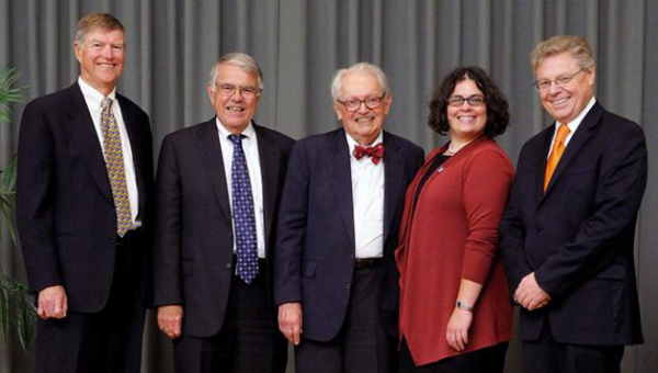 2013 Inductees to the Engineering at Illinois Hall of Fame: (l to r) Donald Scifres, Fontaine Richardson, Charles Slichter, and Ann McCaughan (great niece of William Fry), with Dean Andreas Cangellaris.